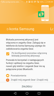 "Blokada ponownej aktywacji jest włączona w zegarku Gear. Zaloguj się w telefonie do konta Samsung użytego do zablokowania zegarka Gear." Gear S2 SM-R720